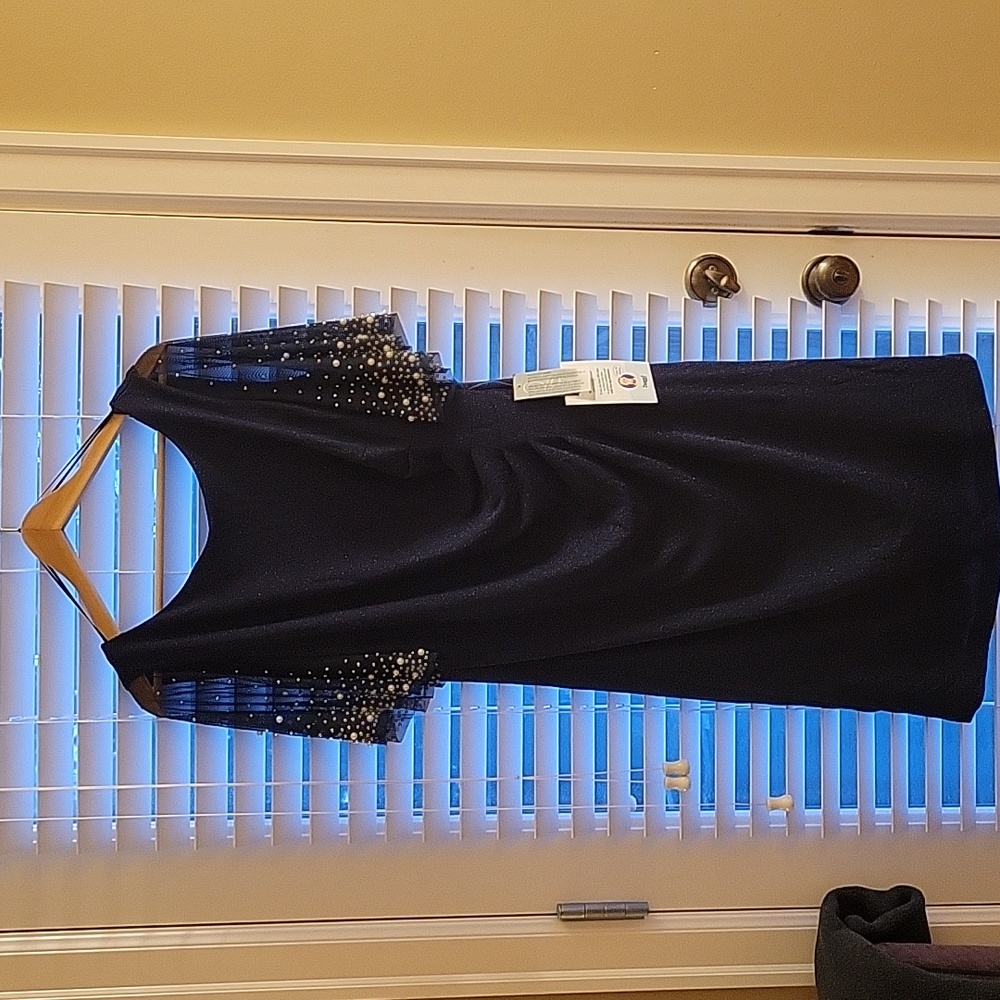 Alex Evenings metallic knit short dress w/embellished flutter slv (Dk Navy, 16)